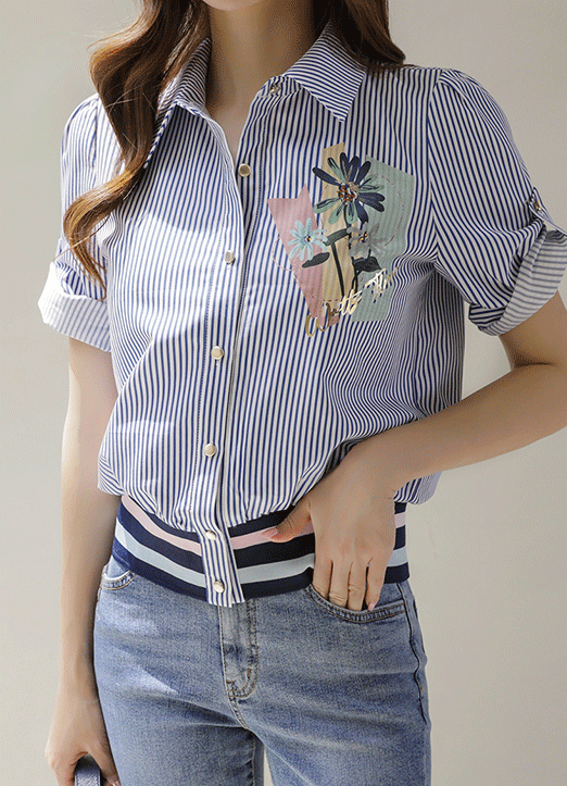 [LouisAngel]花朵图案条纹短袖衬衫 