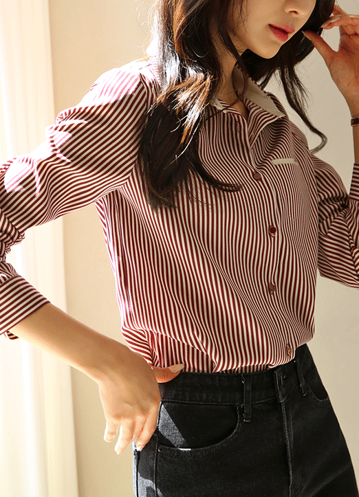 [LouisAngel]条纹口袋自制纯棉衬衫