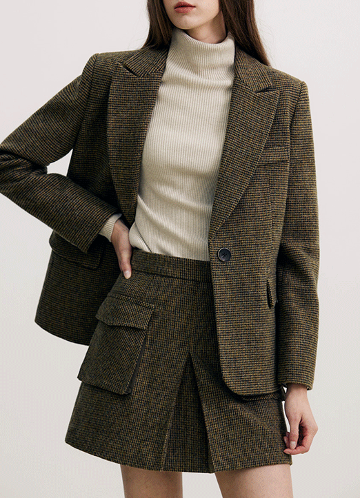 [THE ONME] 可爱温和羊毛混纺格子修身夹克