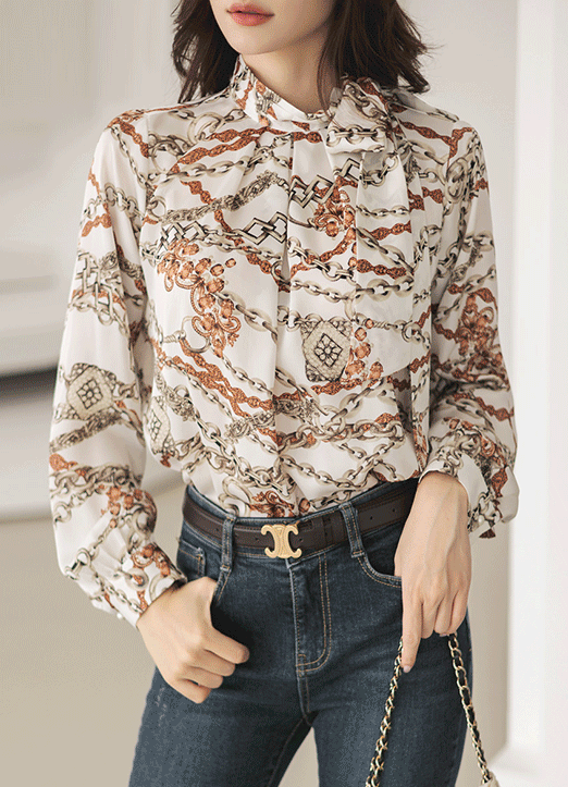 [Louis Angel] 时尚链条印花丝巾飘带衬衫