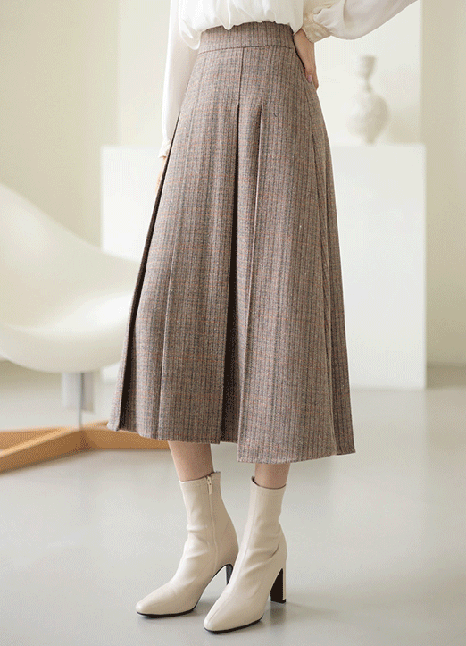 [LouisAngel] 羊毛混纺人字纹捏褶长裙