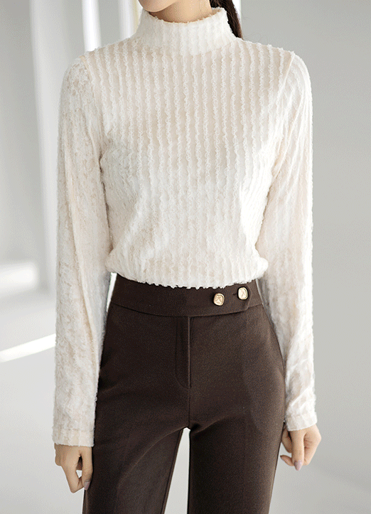[LouisAngel] 褶裥竖纹蕾丝衬衫T恤 