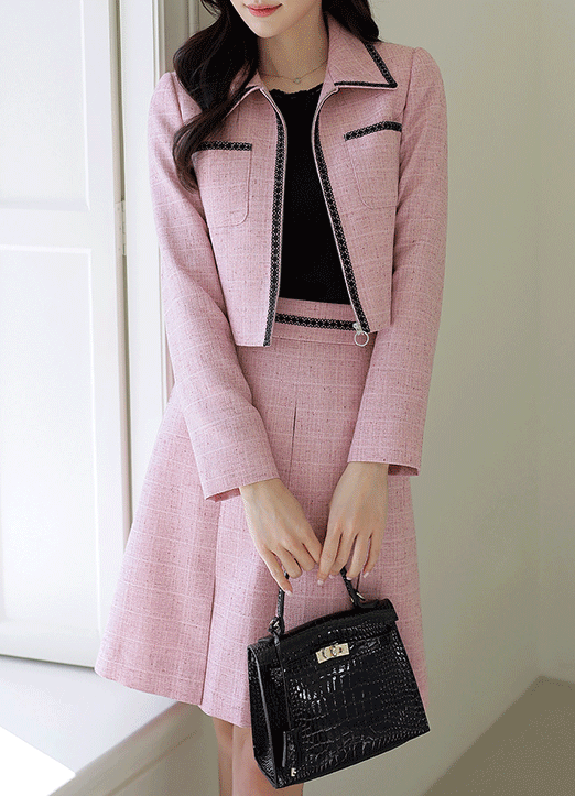 [LouisAngel]  바비코어 핑크 트위드 레이스 배색 세미 크롭 집업 자켓