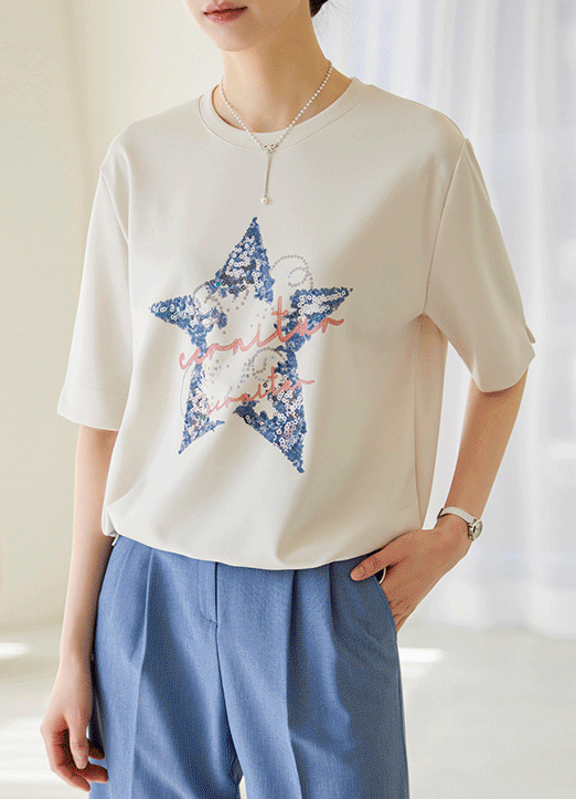 [Louis Angel] 星星亮片印花开叉袖拉绳T恤