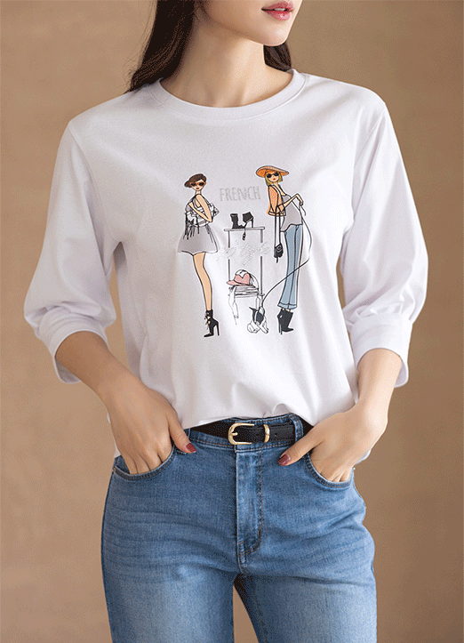[LouisAngel] 드레서 프렌치 걸 펄 레터링 셔링 소매 프린팅 티셔츠