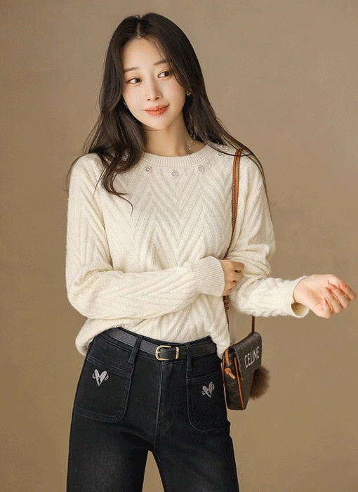 레들러 진주 플라워 포인트 V 조직 라운드 니트