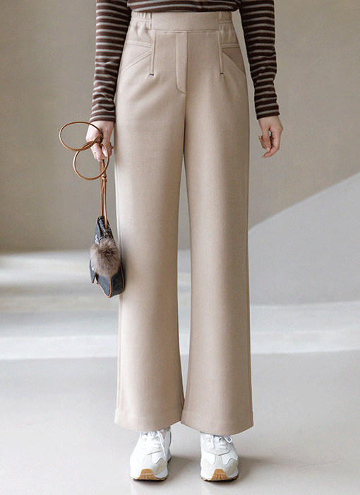 세이브 허리 밴딩 사선 포켓 골지 세미 와이드 팬츠
