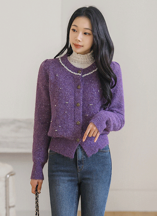 드웰 큐빅 스팽글 울 블렌딩 퍼프숄더 니트 가디건