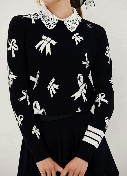 [QoG] 高尔夫蝴蝶结印花条纹袖子圆领针织衫