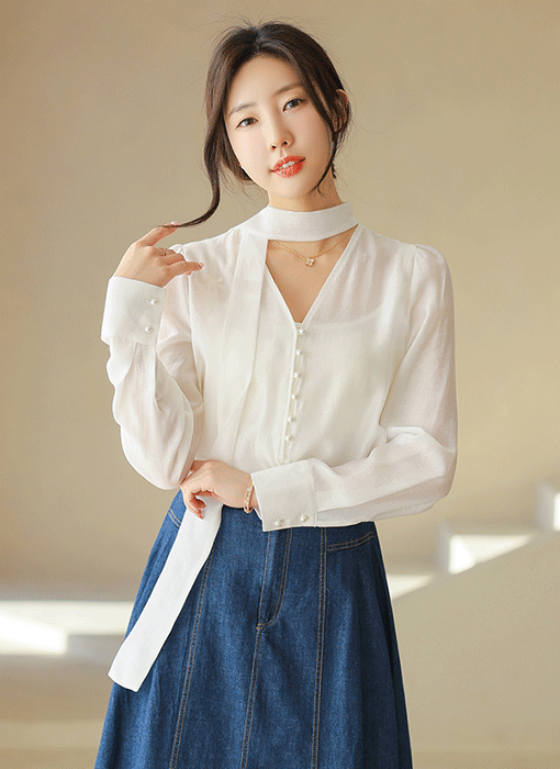 소르본 텐셀 쉬폰 리본 타이 넥 진주 버튼 블라우스