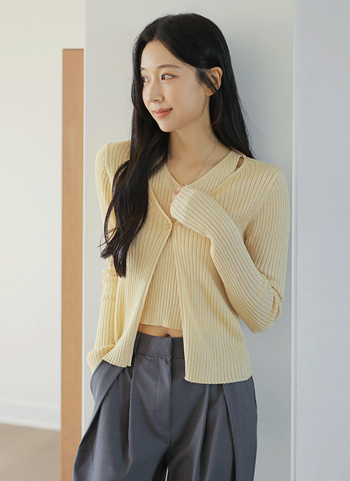 [Theonme] 비에블 홀터 나시&브이넥 가디건 레이어드 니트