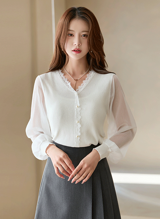 샤미미 Y라인 레이스 쉬폰 소매 배색 니트 블라우스