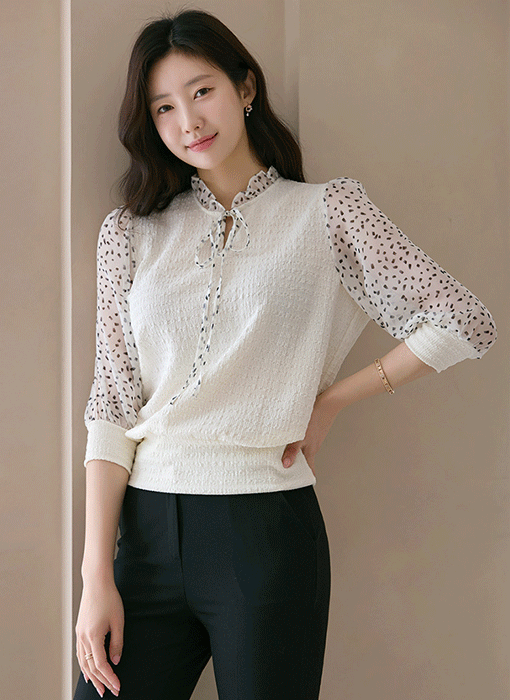 [LouisAngel] 엔드리 쉬폰 소매 배색 쟈가드 블라우스 티