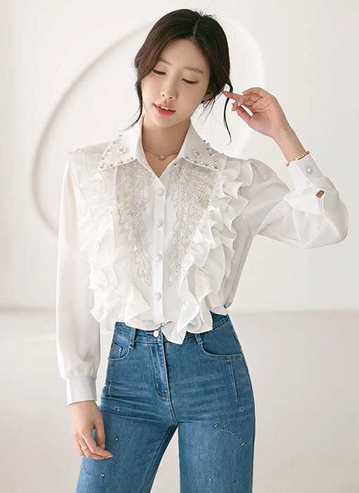 라비시 팬시 럭스 무드 엔틱비즈 디테일 프릴 카라 블라우스