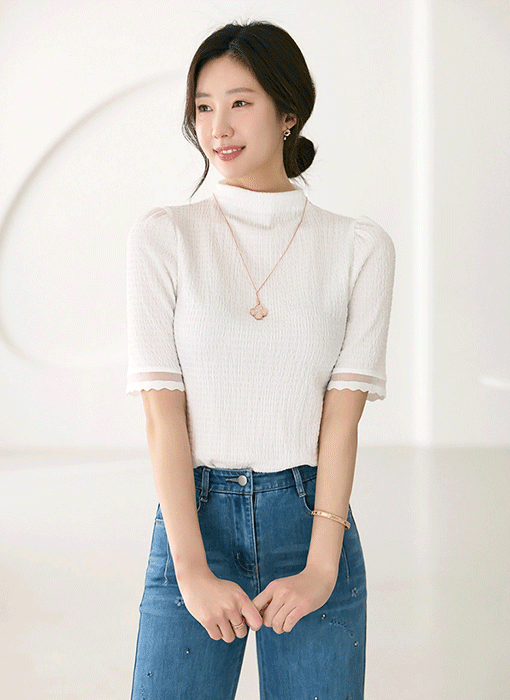 [LouisAngel] 헬렌 물결 라인 배색 5부 소매 쟈가드 블라우스 티