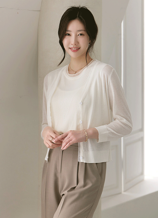 필로프 시스루 라인 배색 스카시 라이트 니트 가디건