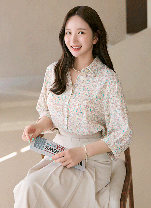 래빗 플라워 차르르한 실키함 5부 셔츠 블라우스