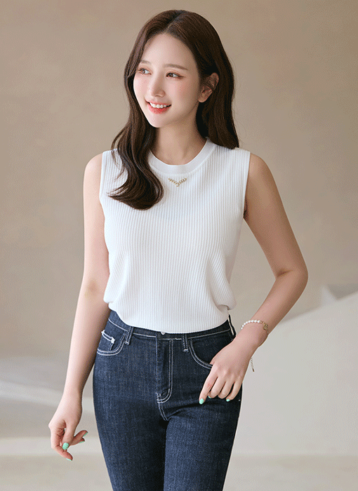 로첼라 진주 금장 팬던트 비스코스 골지 라운드 나시