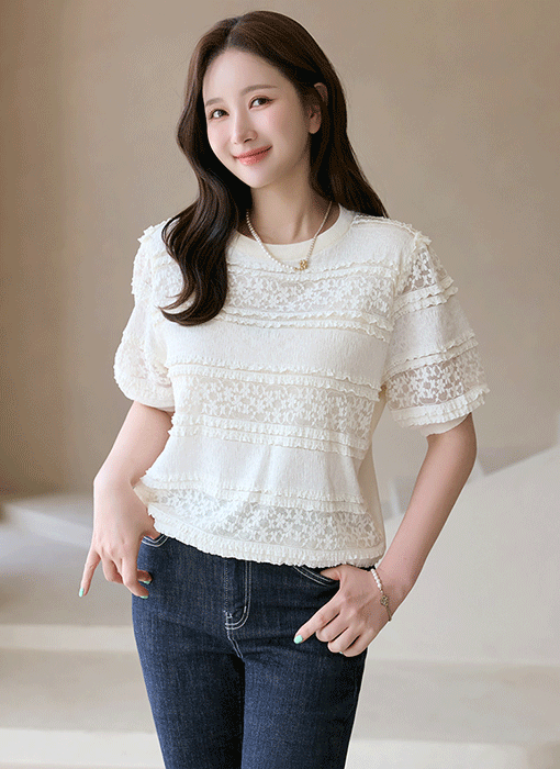 크레비 레이스 레이어드 썸머 블라우스 티셔츠 