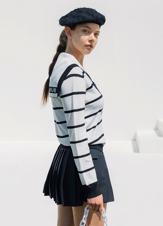 [QoG]条纹后侧文字领子纽扣开衫