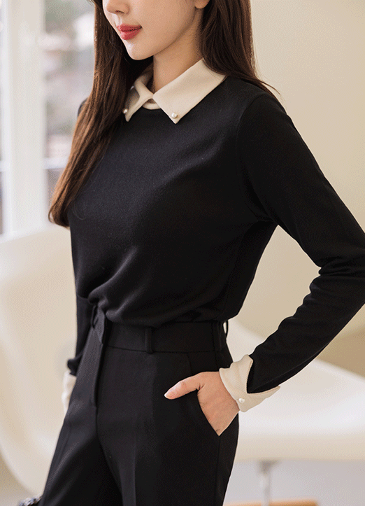 翻领珍珠亮点配色T恤