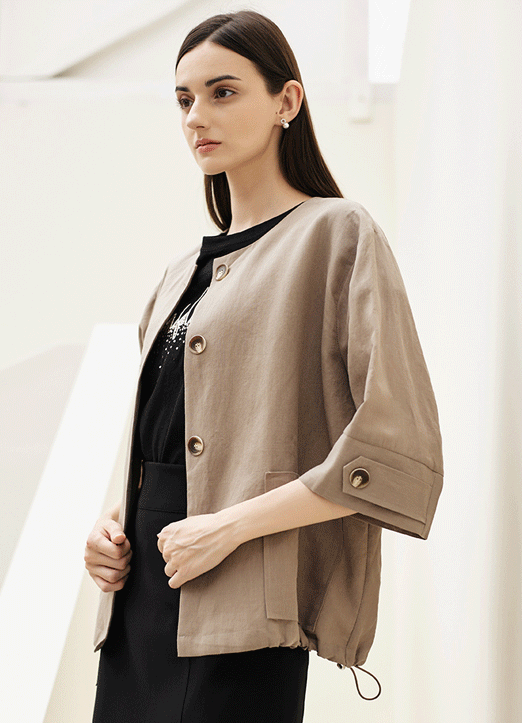 [Theonme] 亚麻7分袖下摆抽绳夹克