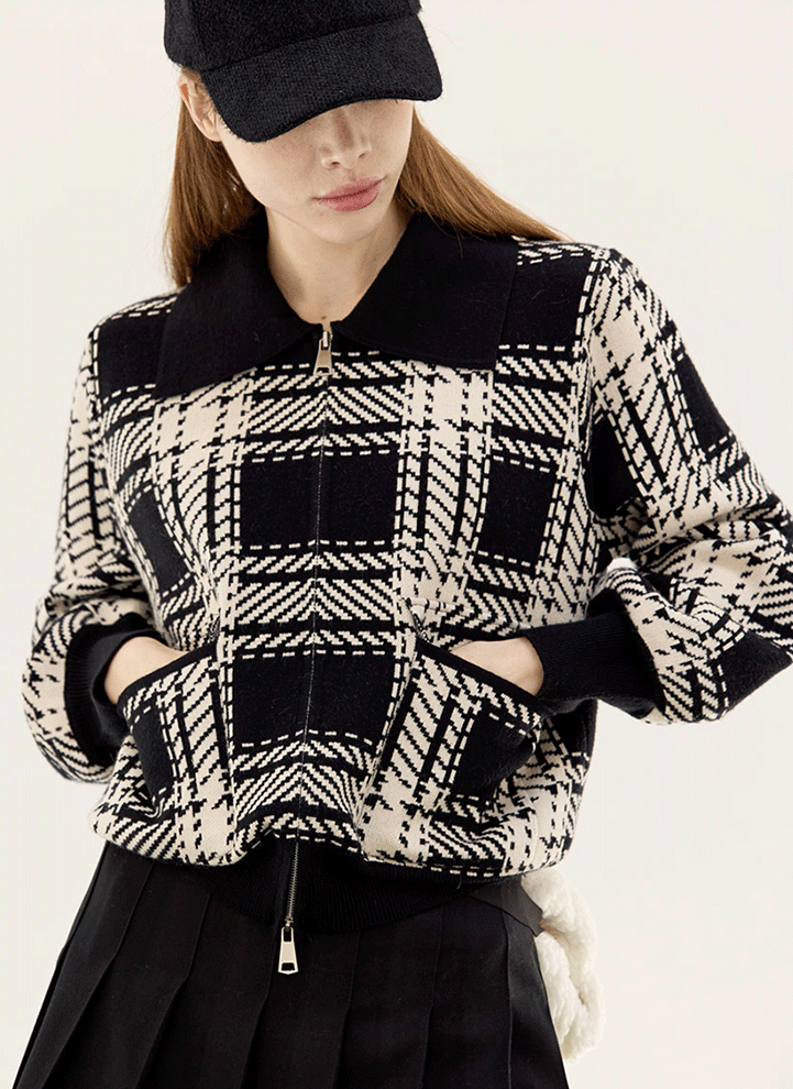 [QoG] 高尔夫粗花妮格纹拉链针织开衫