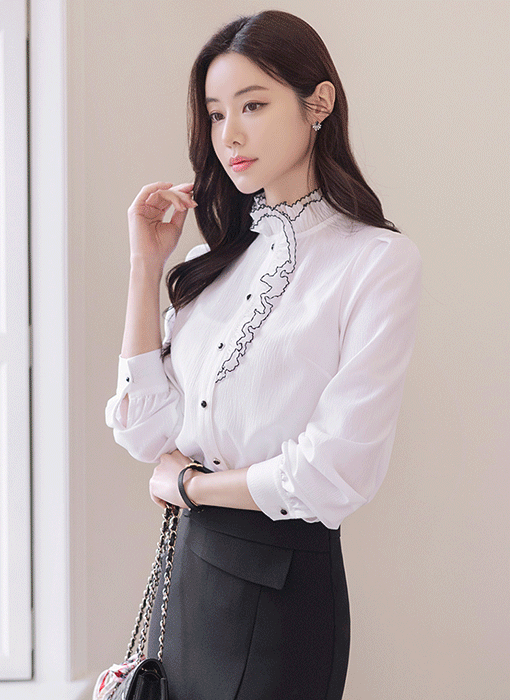 [LouisAngel] 브란젤 배색 프릴 셔링 반하이넥 블라우스