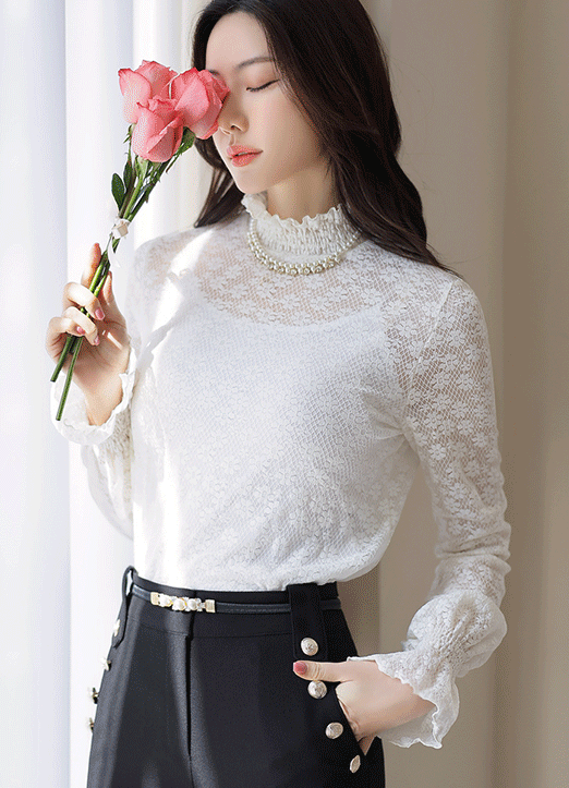 [LouisAngel] 로이셀 플라워 시스루 레이스 프릴 블라우스 티