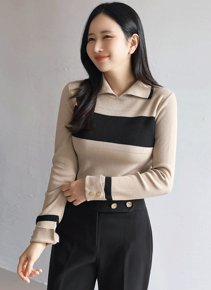 카델라 슬림 톡톡 소매롤업 배색 라인 카라 니트