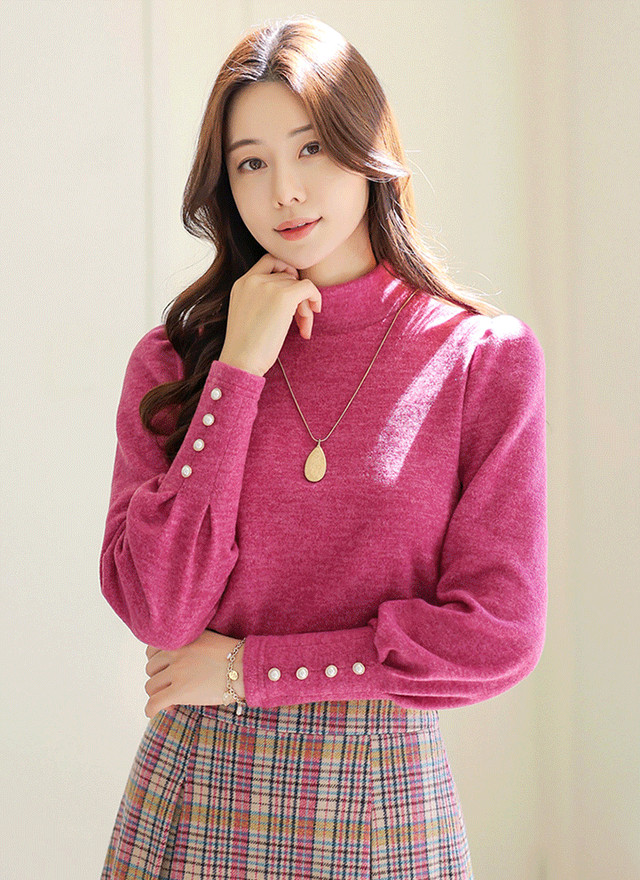 [LouisAngel] 블리스 진주 버튼 핀턱 퍼프 소매 포근포근 도톰 반하이넥 블라우스 티