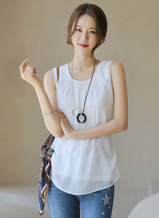 [LouisAngel] 드레이프 핀턱 셔링 쉬폰 레이어드 나시 블라우스 티