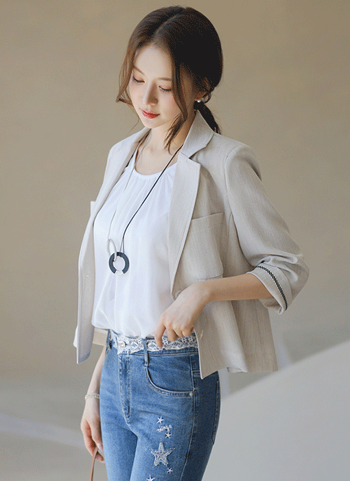 에어브 사각사각 린넨 라이크 소매 배색 테일러드 자켓