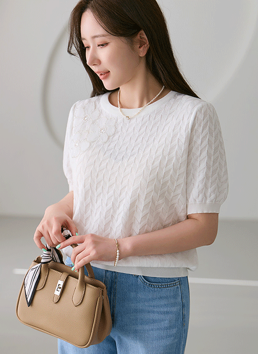 포엔즈 샤 비즈 꽃 레이온 라운드 니트