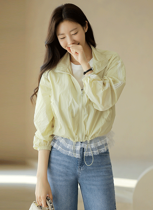 베릿 밑단 스트링 캉캉 레이스 배색 바스락 바람막이 집업