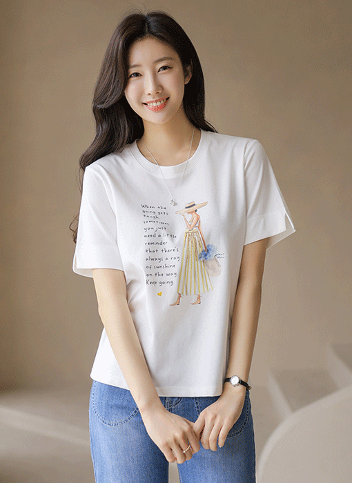 [LouisAngel] 우먼 레터링 소매 트임 스판 라운드 티셔츠