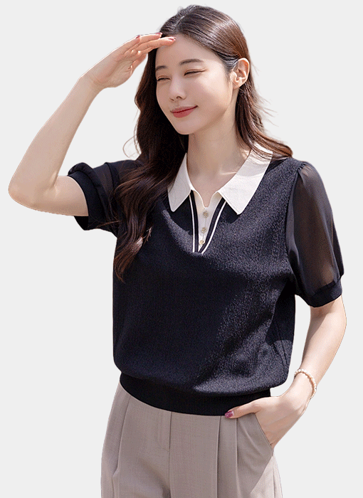 레디블 쥬얼버튼 배색 카라 시스루 쉬폰 소매 니트