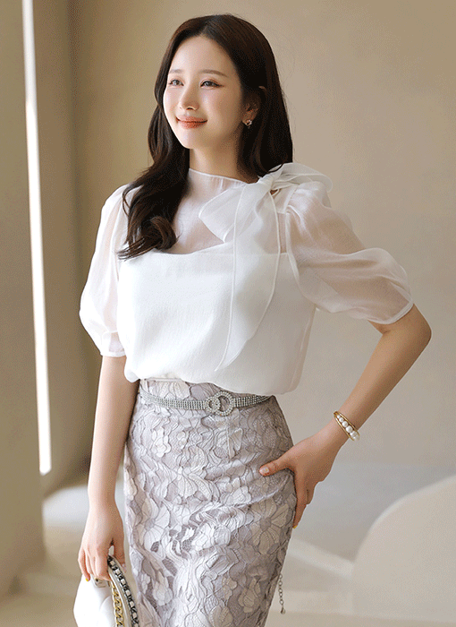 샤인펄 반하이 리본 넥 여리 텐셀 쉬폰 블라우스