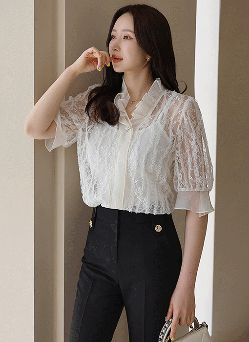 [LouisAngel] 엔델라 꽃잎 넥 쉬폰 배색 쟈가드 플라워 시스루 레이스 블라우스