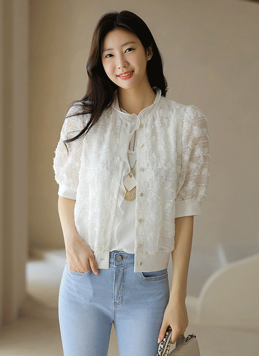[LouisAngel] 퓨어리 쟈가드 플라워 디테일 쉬폰 프릴 블루종 블라우스 자켓