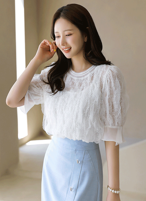 [LouisAngel] 아이렌 써클 플라워 패턴 프릴 라인 레이스 블라우스