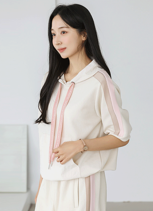 [Theonme] 레튼 배색 레터링 끈 나일론 레이어드 후드 티셔츠