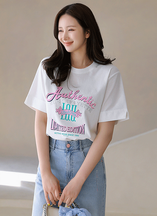 [LouisAngel] 이디션 러블리 진주 포인트 핑크 레터링 프린팅 티셔츠