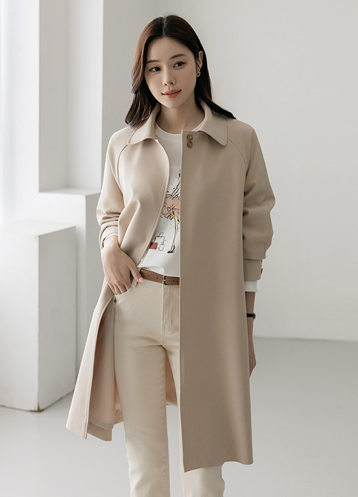 세미드 비조 뒷면 맞주름 핀턱 A라인 롱 트렌치 자켓