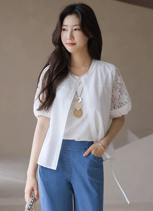 일레인 소매 레이스 배색 밑단 스트링 노카라 셔츠 자켓