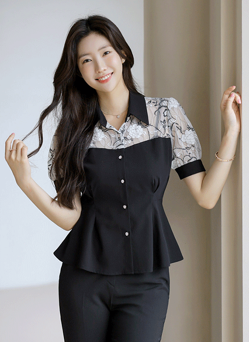 [LouisAngel] 뷔스티에 플라워 레이스 배색 페플럼 카라 블라우스