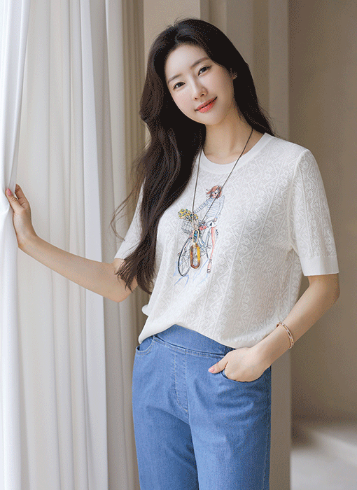 써니걸 핫픽스 벨로 프린팅 쟈가드 스카시 라운드 니트