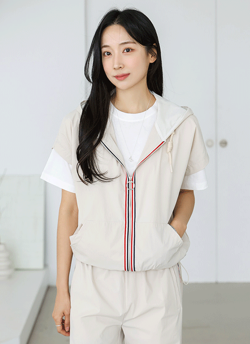 [Theonme] 톰이브 배색 테이핑 캡소매 매쉬 후드 집업