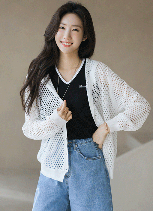 바람솔솔 쿨링 펀칭 아일렛 스카시 니트 후드 가디건