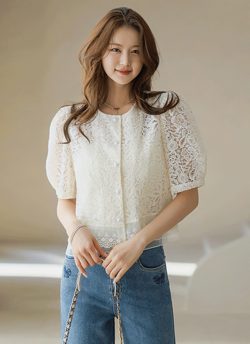 메이즈 플라워 자수 레이스 시스루 자켓 블라우스